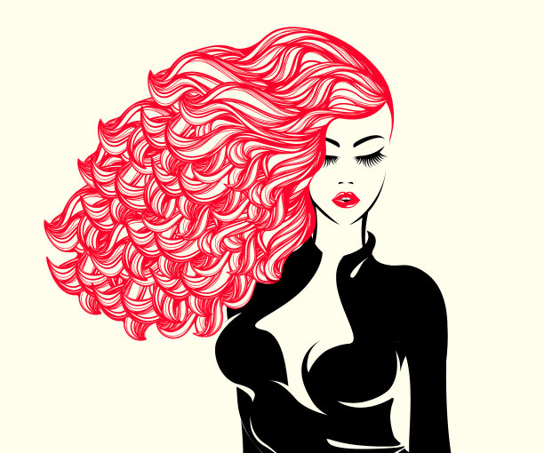 红色大卷头发、大胆妆容的时尚女性。风格和美丽向量图标。图片下载