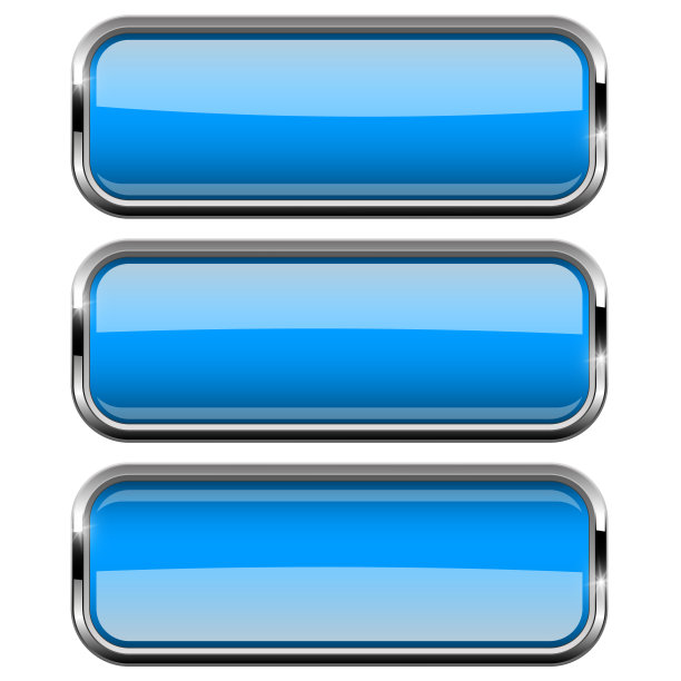 蓝色矩形按钮设置与粗体铬边框。3 d的图标图片下载