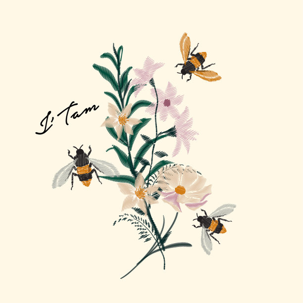 大黄蜂和花朵刺绣矢量设计，图片下载