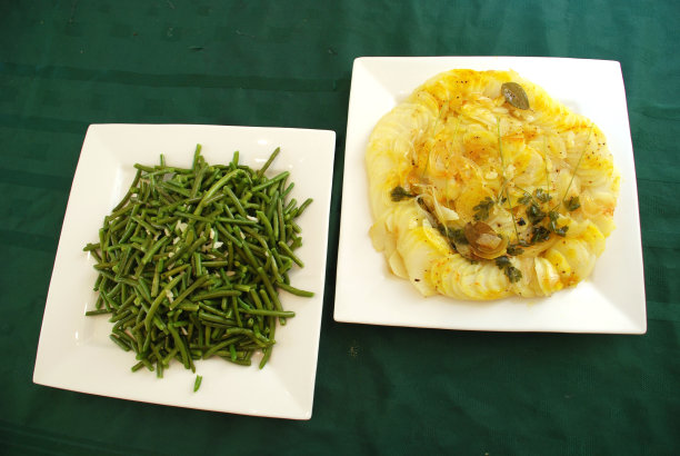 青豆和土豆放在两个白色盘子里图片下载