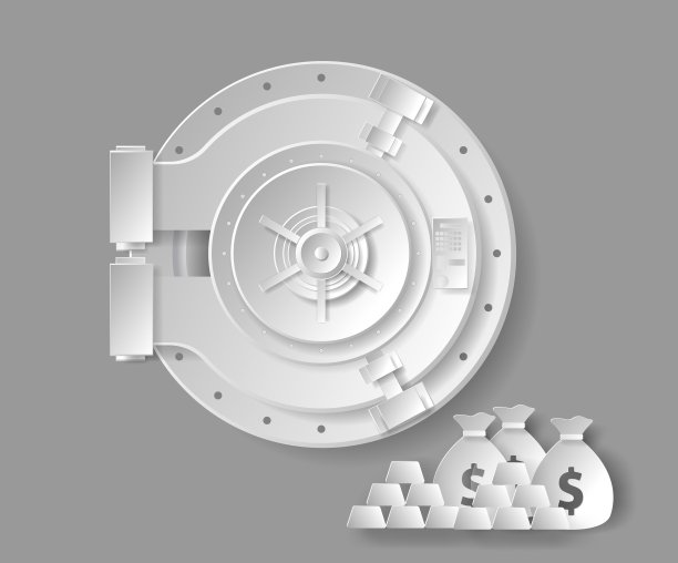 银行门插图与钱袋和黄金。向量剪纸。图片下载