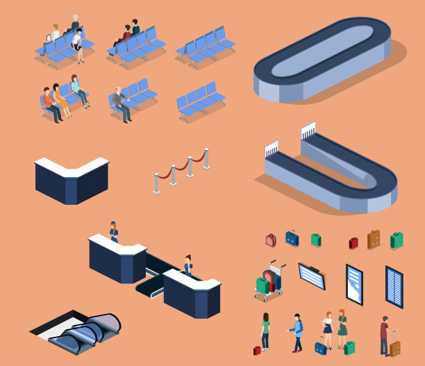 三维等距矢量图的人在机场与行李和等待飞机图片下载