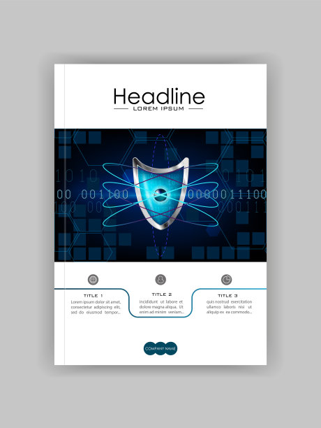 A4商业技术书籍封面设计模板。原子蓝色盾牌。适合投资组合，年度报告，杂志，杂志，网站。向量图片下载