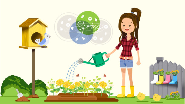 你好,春天。人们在房子里简单的美化。打理花园很有趣。图片下载