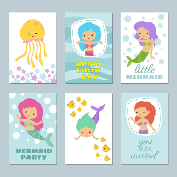 漂亮的小美人鱼生日贺卡矢量模板图片下载
