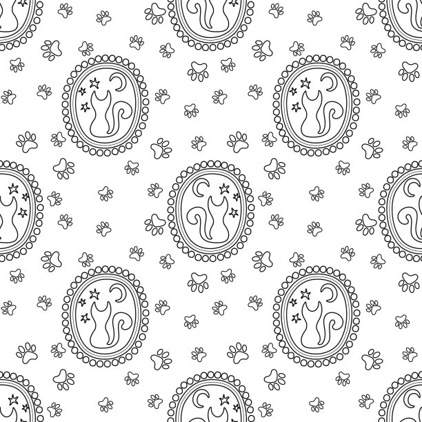 一只猫在奖章上的图片。无缝模式。矢量图图片下载