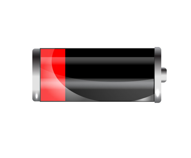 较低的电池。电池充电状态指示灯。玻璃现实的动力电池插图上的白色背景。满充，总放电。充电状态。向量。图片下载