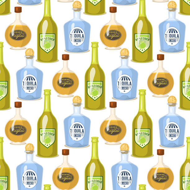 酒精强烈的饮料在瓶卡通玻璃无缝图案背景威士忌白兰地白兰地酒矢量插图图片下载