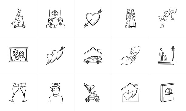 婚礼和家庭手绘素描图标集图片下载