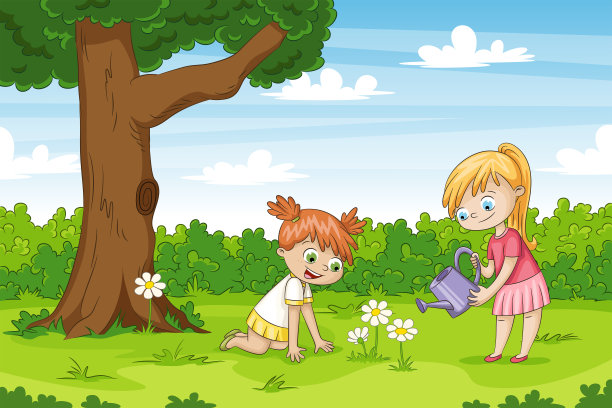 两个女孩在花园里。有趣的卡通人物。图片下载