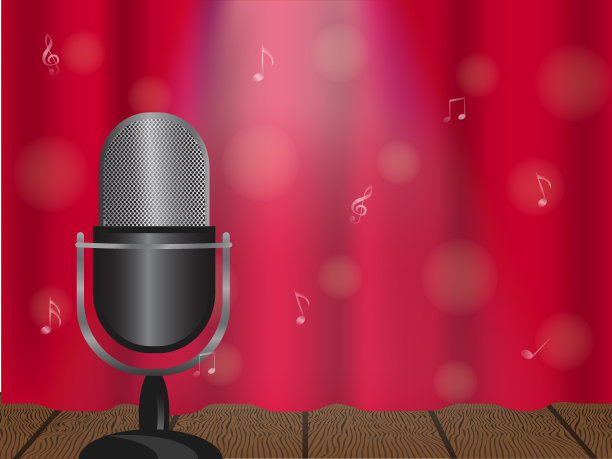 矢量插图的概念卡拉ok，音乐会或节日。舞台上有麦克风，幕布关上。图片下载