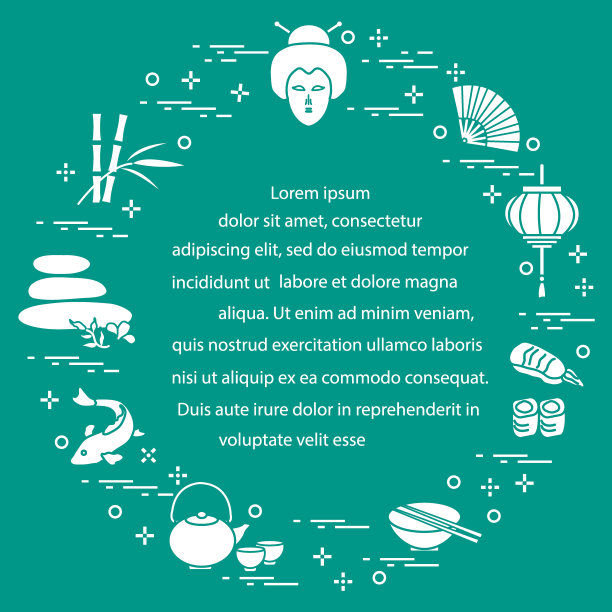 日本妇女的脸和灯笼、碗、筷子、寿司等东方文化的象征。图片下载