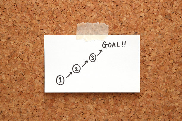 书写开始和目标写在软木板上的纸上。图片下载