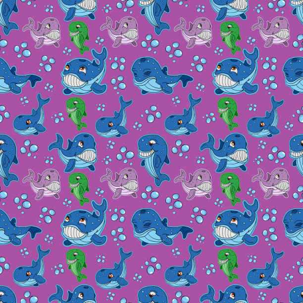无缝插图的鱼鲸鱼图案紫色背景图片下载