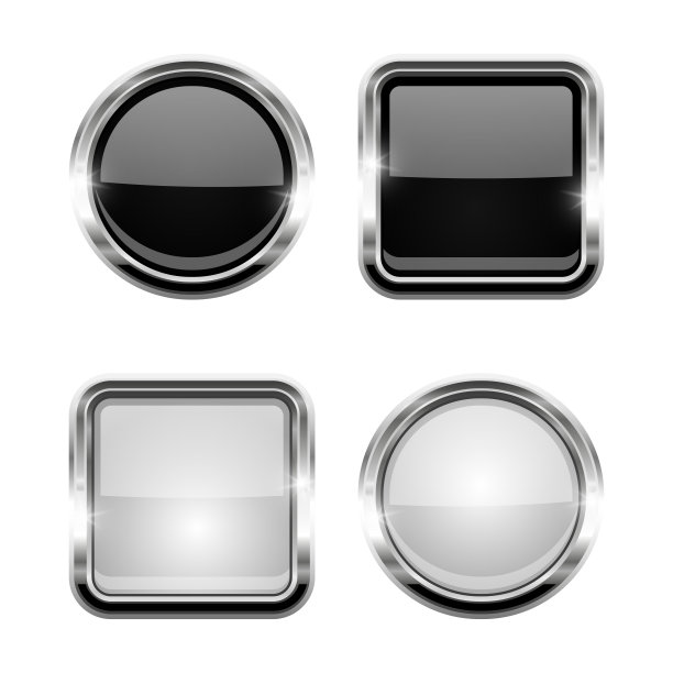 白色和黑色闪亮的按钮。圆形和方形玻璃网页图标与铬框图片下载