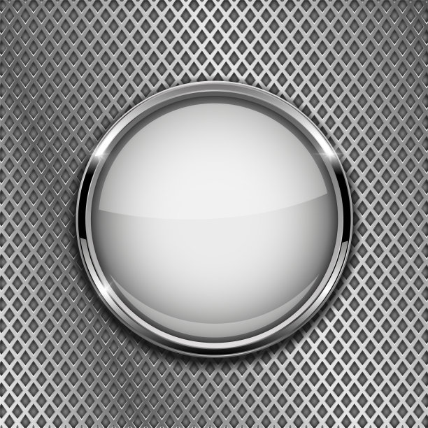 圆形白色按钮与铬框。在金属穿孔背景上图片下载
