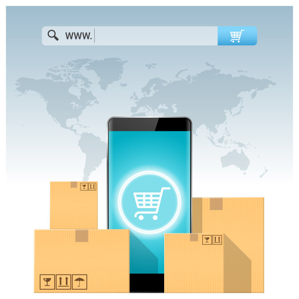 电子商务的概念与地址栏上面的纸箱和智能手机，矢量，插图图片下载