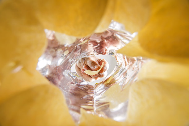 用手拿装在袋子里的薯片。查看内袋蠕虫。图片下载