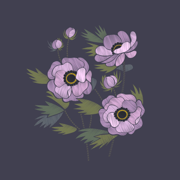 刺绣花设计与丁香银莲花。图片下载