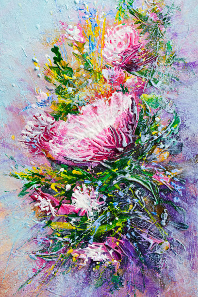 粉红色的非洲菊的花。油画。印象派的风格。图片下载