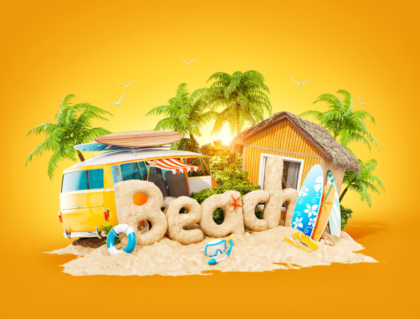 海滩这个词是由热带岛屿上的沙子构成的。不寻常的暑假3d插图。旅游和度假的概念。图片下载
