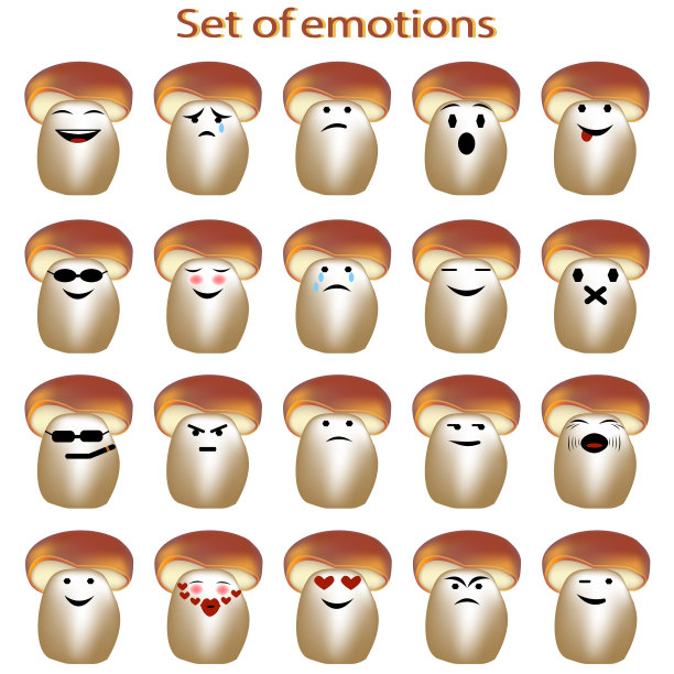 的表情符号。图标卡通蘑菇与不同的情感。用于网页设计的情感图标。从真菌图标。不同的情绪特征表达。矢量插图的微笑的脸。图片下载