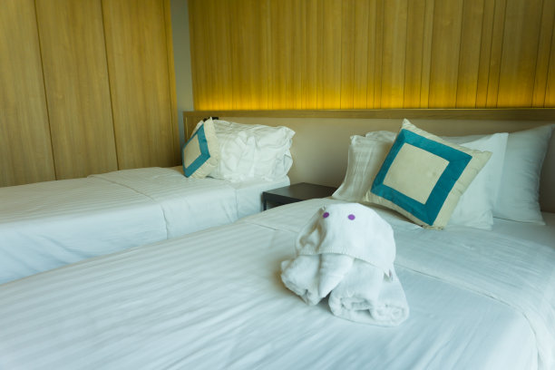 双人床上的大象毛巾图片下载