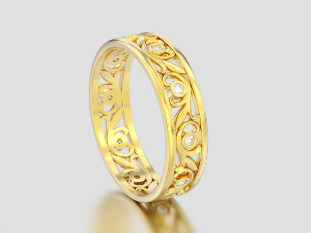 3D插图黄金装饰结婚戒指雕刻钻石戒指与装饰图片下载