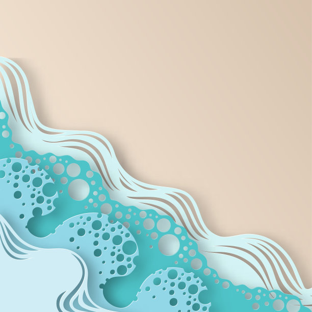 抽象的纸艺术大海或海浪和海滩。夏季背景与海岸。有线条和气泡的纸海浪。剪纸风格图片下载