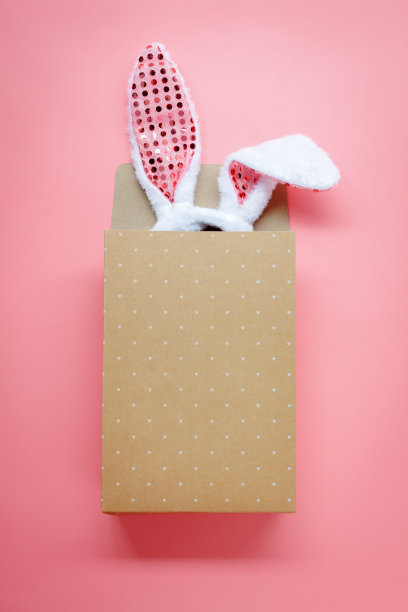 桌面顶部视图航空图像装饰和象征快乐复活节假日背景概念。平躺配件服装兔子耳朵与纸袋在现代美丽的粉红色纸在家庭办公室办公桌。图片下载