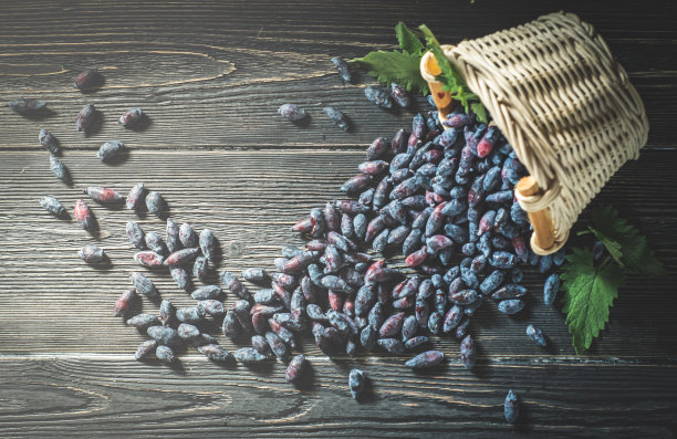 在黑色的木板上，一篮新鲜的金银花浆果被打翻了图片下载