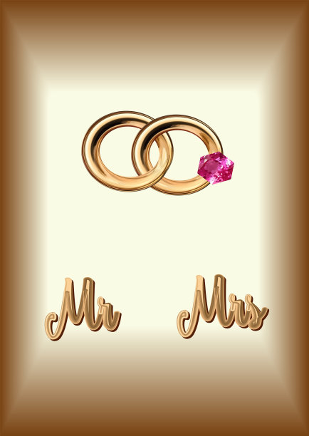 矢量铭文金字先生和夫人的金字背景，一对结婚戒指与红宝石为婚，孤立图片下载