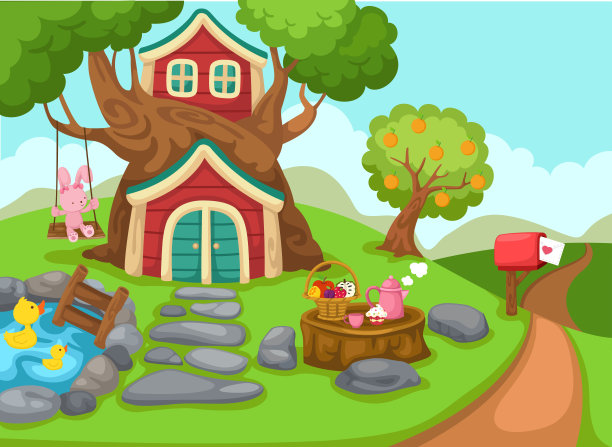 乡村景观中的树屋插图图片下载