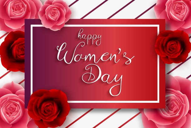 3月8日。摘要红色鲜花贺卡。国际妇女节快乐以方形木为背景图片下载