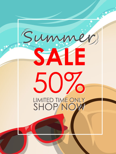 夏季销售模板横幅与海滩配件背景。矢量夏季销售背景横幅，海报，传单，卡片，明信片，封面，宣传册推广和营销图片下载