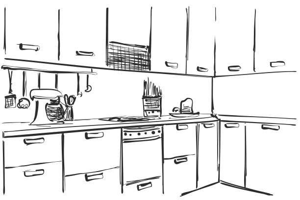 厨房室内绘图，矢量插图。家具草图图片下载