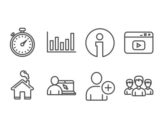 计时器，添加用户和视频内容图标。柱状图，在线教育和群组标志。图片下载