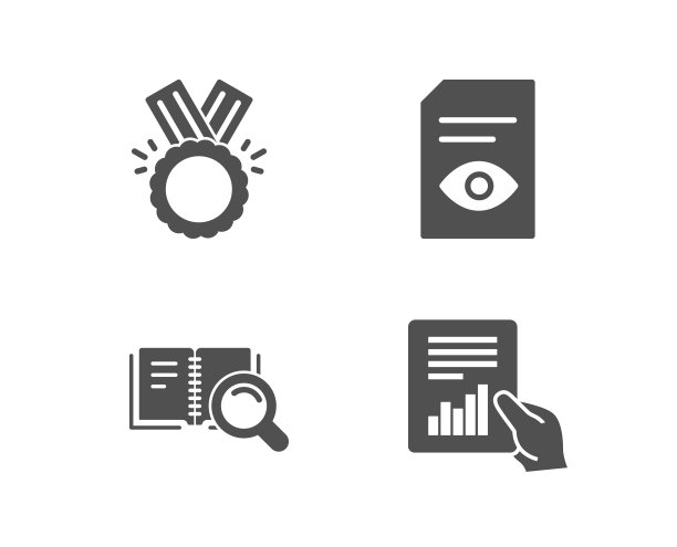 荣誉，搜索书和查看文档图标。文档签署。奖章，在线教育，打开文件。图片下载