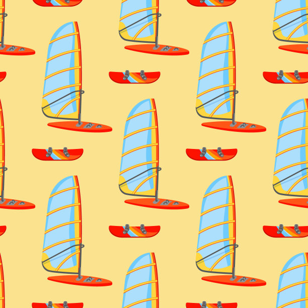 有趣的水极限运动风筝板冲浪帆船休闲海上活动夏季无缝模式背景矢量插图图片下载