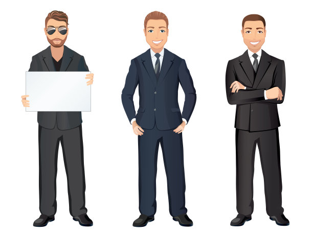穿着西装摆着不同姿势的商人。自信英俊的男人，全身挺拔，着装规范。图片下载