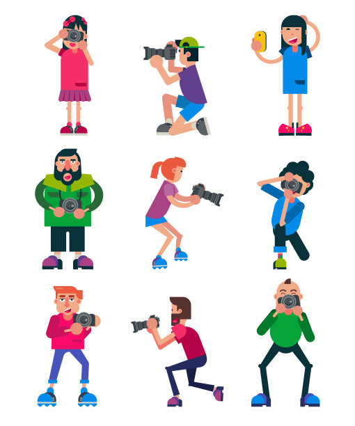摄影师矢量人物摄影用专业相机拍摄摄影或数码照片插图，人拍摄自画像或使照片孤立在白色背景图片下载