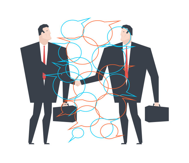 商业交易。商人的协议。文本交流气泡。素材图片