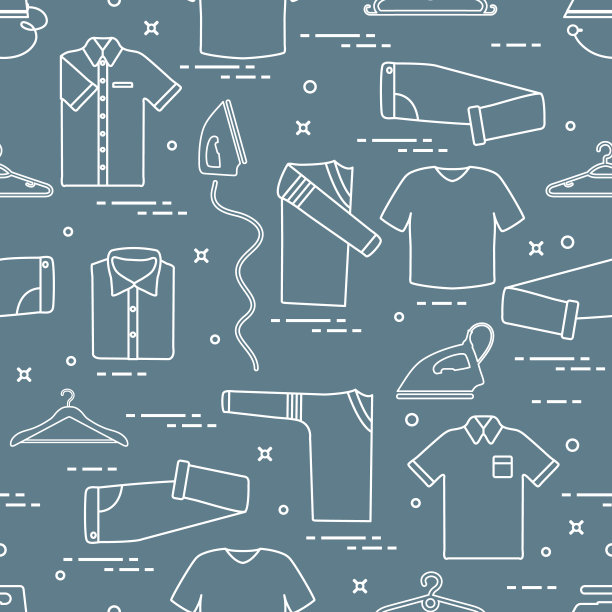 图案与熨斗，衣架和不同的衣服。图片下载