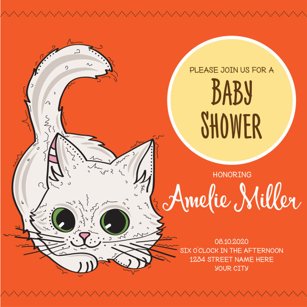 宝宝淋浴卡模板与有趣的涂鸦小猫图片下载