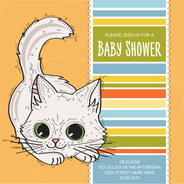 宝宝淋浴卡模板与有趣的涂鸦小猫图片下载