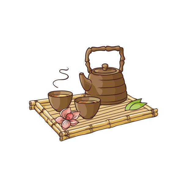 亚洲茶壶和茶杯在竹制隔热垫上素材图片