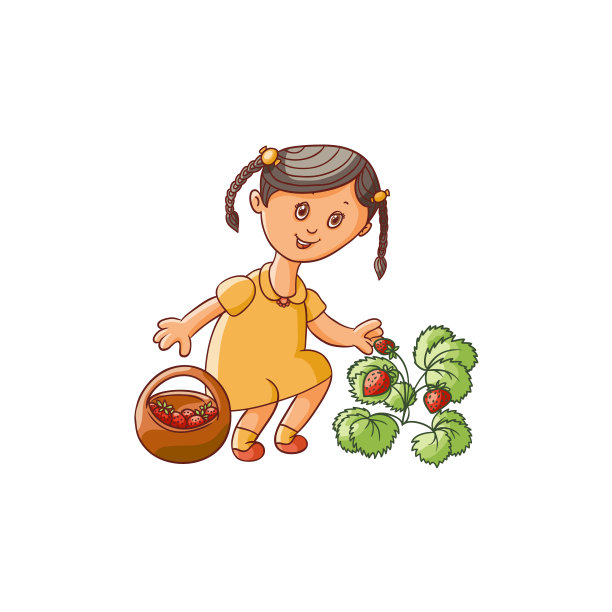 矢量女孩收集草莓到篮子里图片下载