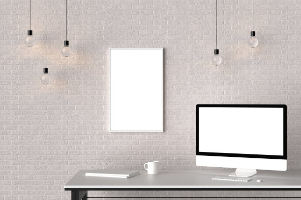 现代工作空间与孤立的空框架砖墙和孤立的电脑屏幕。3 d演示。图片下载