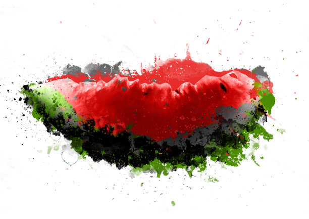 西瓜与飞溅抽象在白色背景，数字水彩画，用于印刷在海报上图片下载