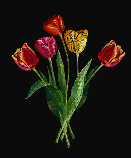 刺绣一束郁金香。时尚的服装设计模板，t恤设计，挂毯。经典的刺绣红色和黄色的郁金香图片下载